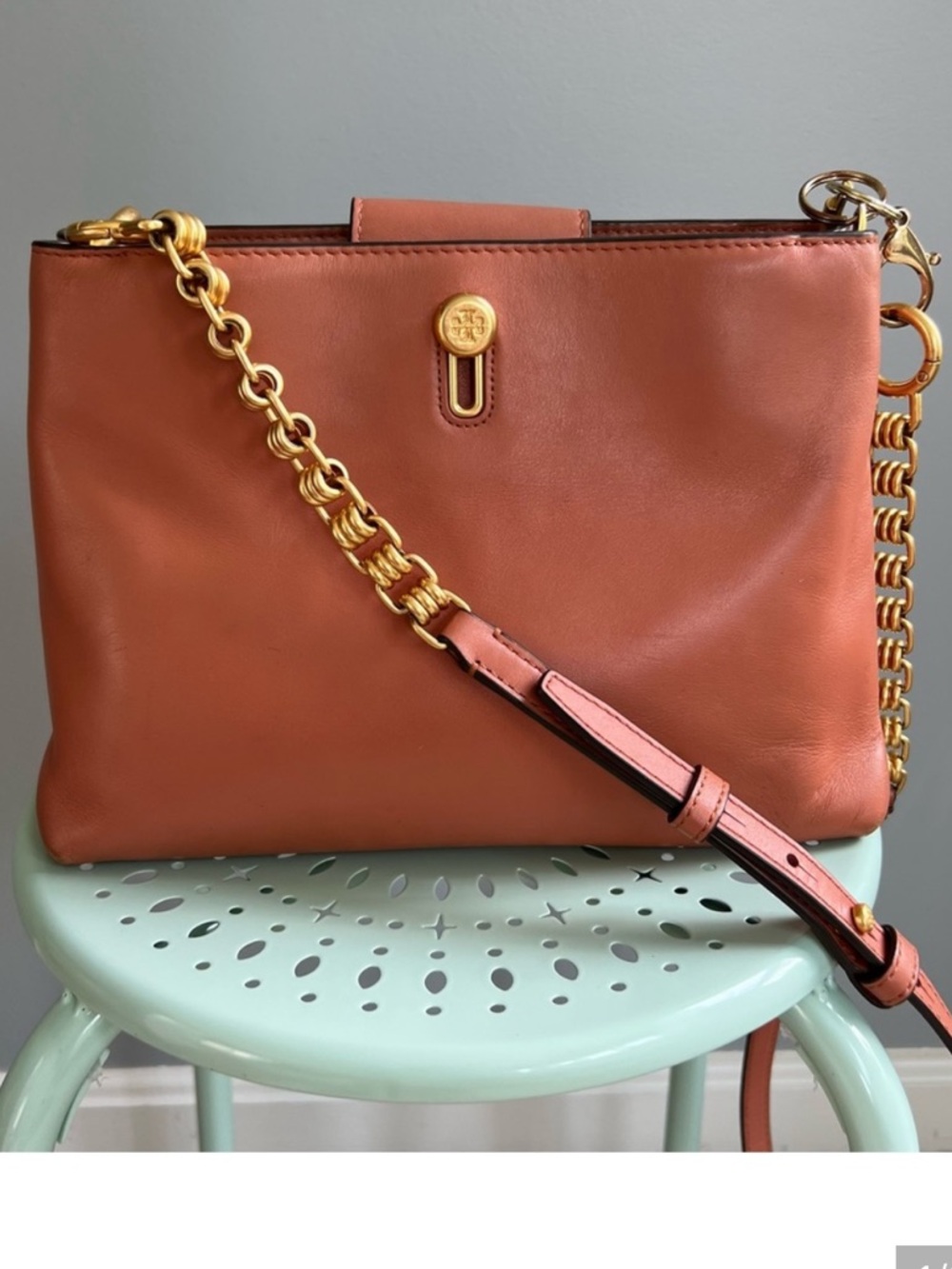 Tory Burch Lily Chain Tramonto Leather Crossbody Bag Rose Tan color